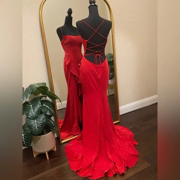 La Femme Jovanni 28294 Lace-up Open Back Ruffle High-Low Dress Size 6